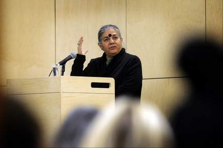 Stefan Hard / Staff Photo Anti-GMO activist Vandana Shiva speaks about the effects of GMO crops in her home country of India and other developing countries Monday in a lecture attended by more than 200 at Vermont Law School in South Royalton. Shiva said she strongly supports Vermont's new GMO labeling law.