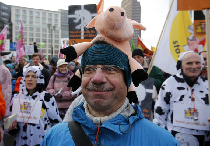 A demonstrators takes part in a German farmers and consumer rights activists march to protest against the Transatlantic Trade and Investment Partnership (TTIP), mass husbandry and genetic engineering in Berlin