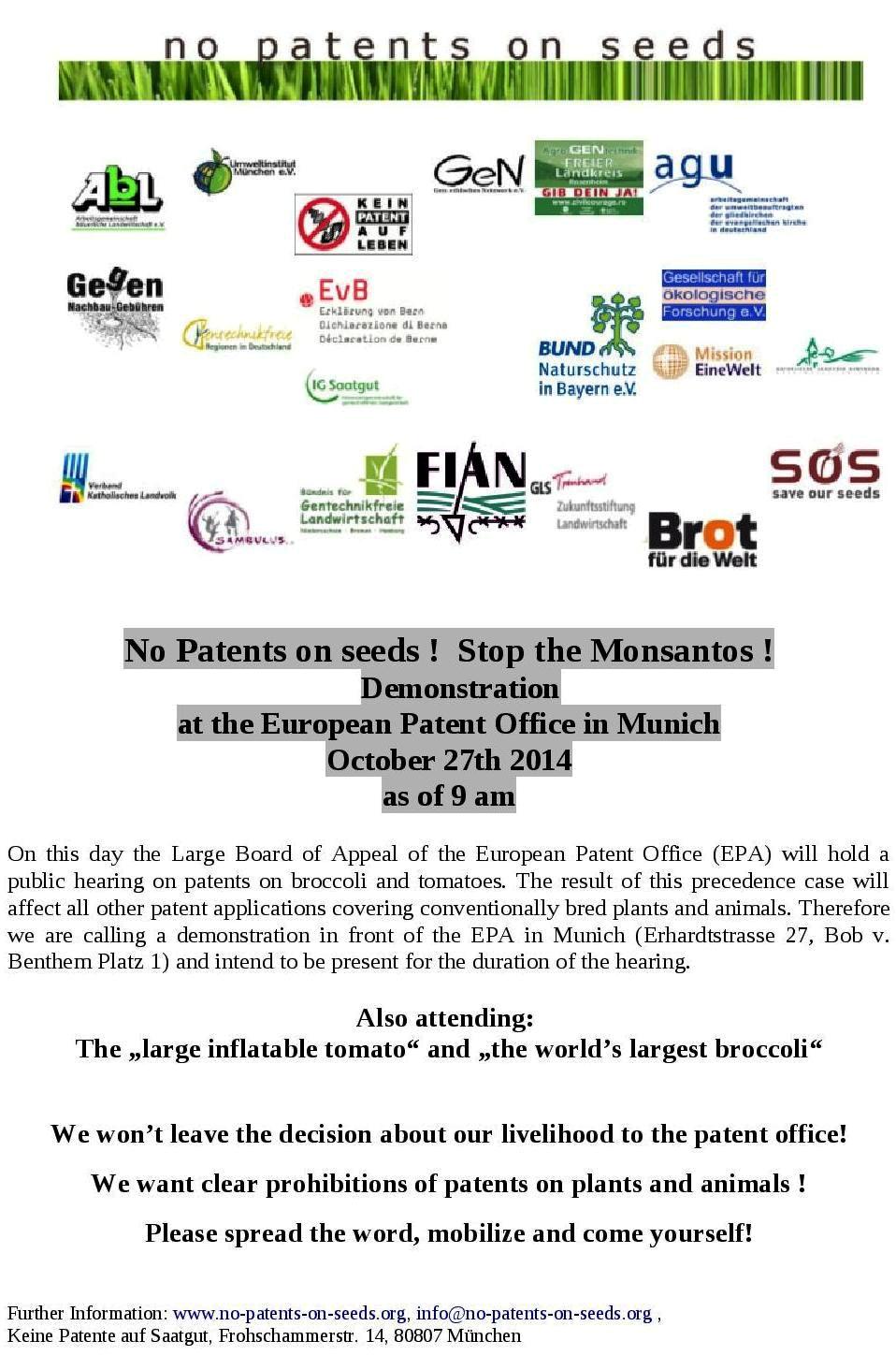 No Patents on seeds ! Stop the Monsantos ! Demonstration at the European Patent Office in Munich
